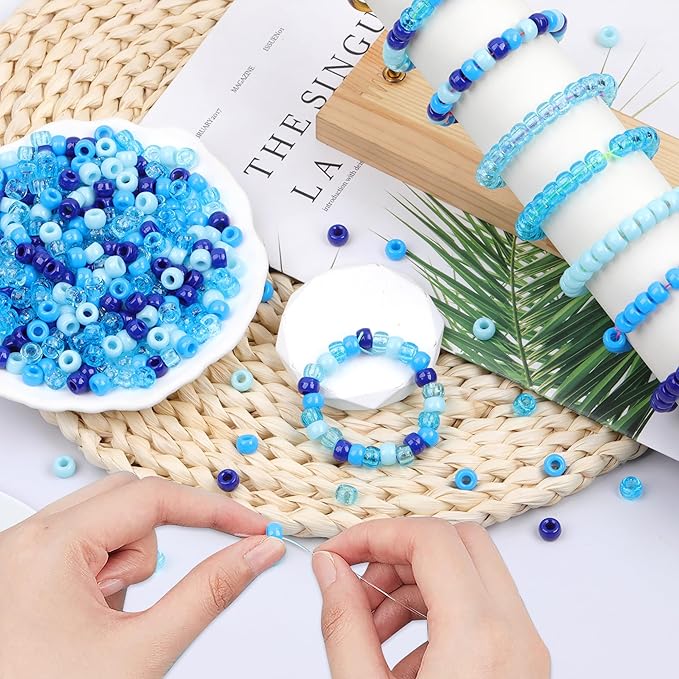 Blue Pony Beads for Bracelet 1000 Pcs Friendship Bracelets Beads 6x9mm Plastic Beads for Hair Braiding Transparent Glittering Beads for Necklace Earrings Jewelry Making (5 Blue Series)