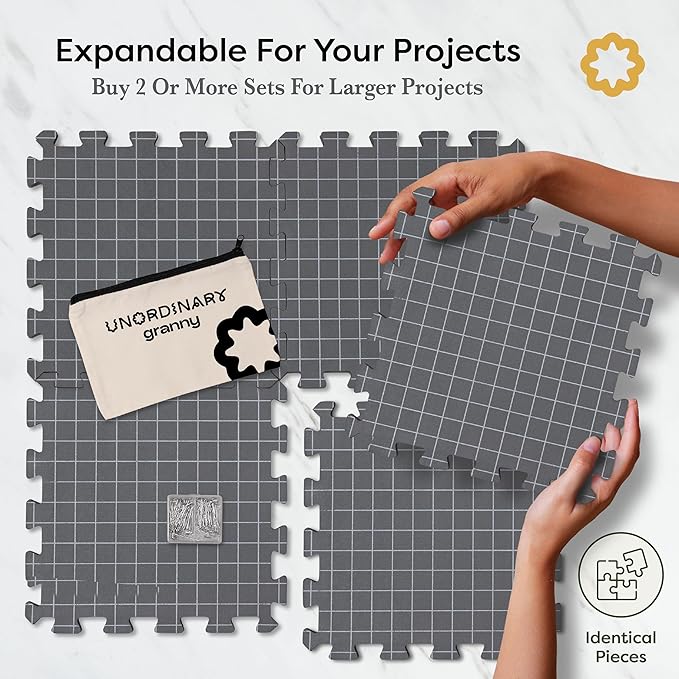 Unordinary Granny Crochet Blocking Board Set – 9 Extra Thick Interlocking Mats with Grid, 150 T-Pins, Felt Storage Bag and Cotton Pouch – Blocking Board for Knitting, Crochet & Other Craft Projects