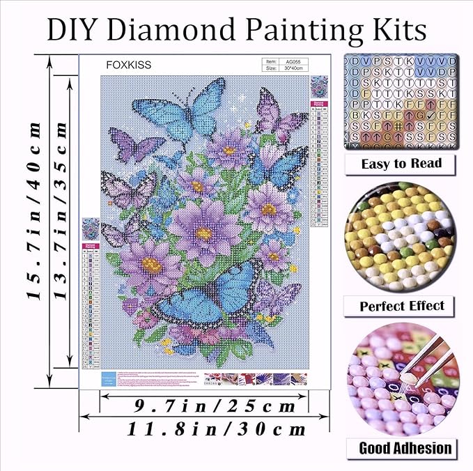 FOXKISS Butterfly Diamond Art Painting Kits for Adults, Full Drill Diamond Dots Paintings for Beginners, Round 5D Paint with Diamonds Pictures Gem Art Painting Kits DIY Crafts Kits 12x16inch