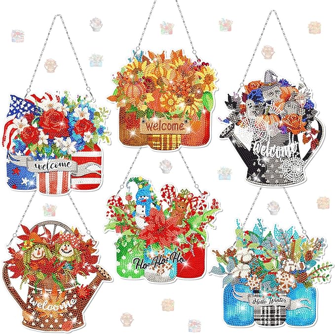 Chitidr 6 Pcs Seasonal Diamond Art Kits Diamond Art Flower Hanging Signs Diamond Art Kits for Adults Diamond Art Ornaments Winter Christmas Diamond Kits for Summer Fall Wall Door Decoration