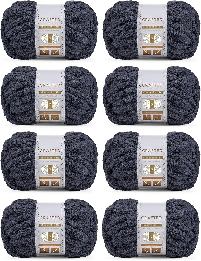 Crafted By Catherine Chunky Chenille Yarn - 8 Pack (8 oz / 227 g, 31.7 Yards Each Skein), Dark Grey, Gauge 7 Jumbo