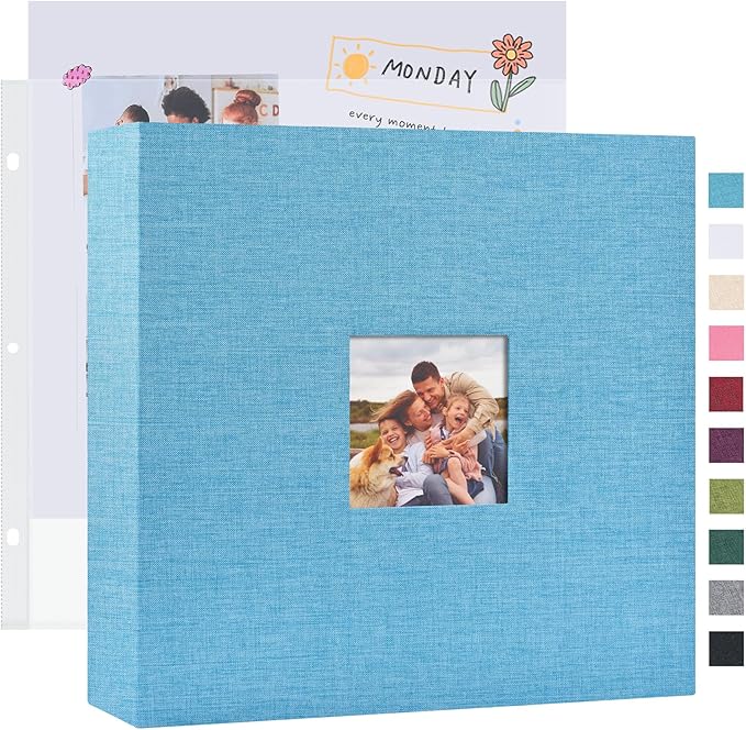 Mublalbum 12x12 Inch DIY Scrapbook Photo Album with 40 Plastic Sleeves 80 Pages Linen Cover 3 Ring Folder Binder for Wedding Baby Family and DIY Projects (Blue)