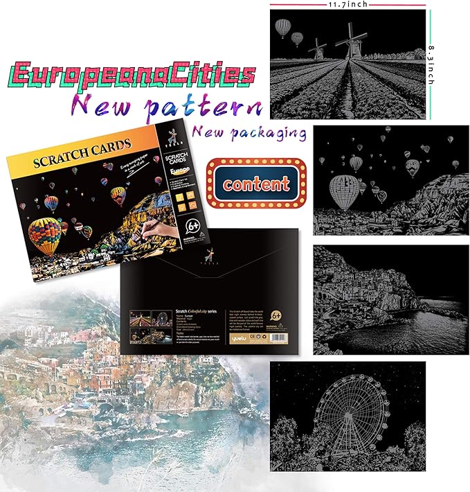 Scratch Art for Adults-City Landmarks Scratch Painting Paper Craft Kit (8 Sheets A4)|DIY Foil Engraving Art Set|Stress Relief Gift for Travel Lovers,Craft Lovers,Home Decor(America/Europe)