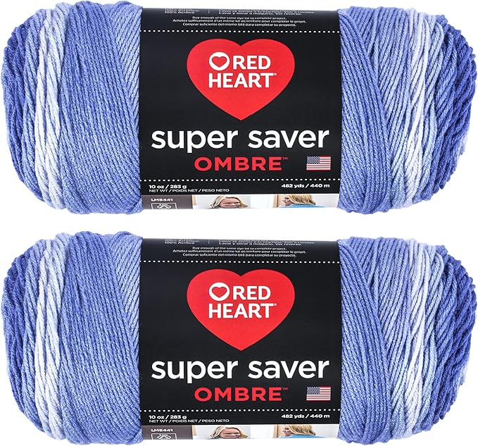 Red Heart Super Saver Jumbo Baja Blue Ombre Yarn - 2 Pack of 283g/10oz - Acrylic - 4 Medium (Worsted) - 482 Yards - Knitting/Crochet