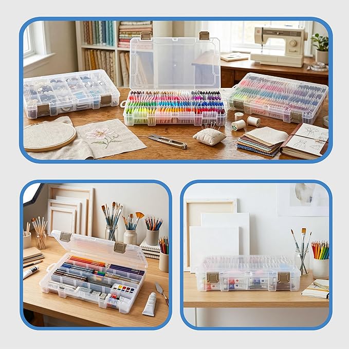 ArtBin Floss Finder Box: Clear Sewing Organizer with 6 Compartments, 12 Dividers, Durable - Perfect for Embroidery Floss and Small Sewing Supplies Storage
