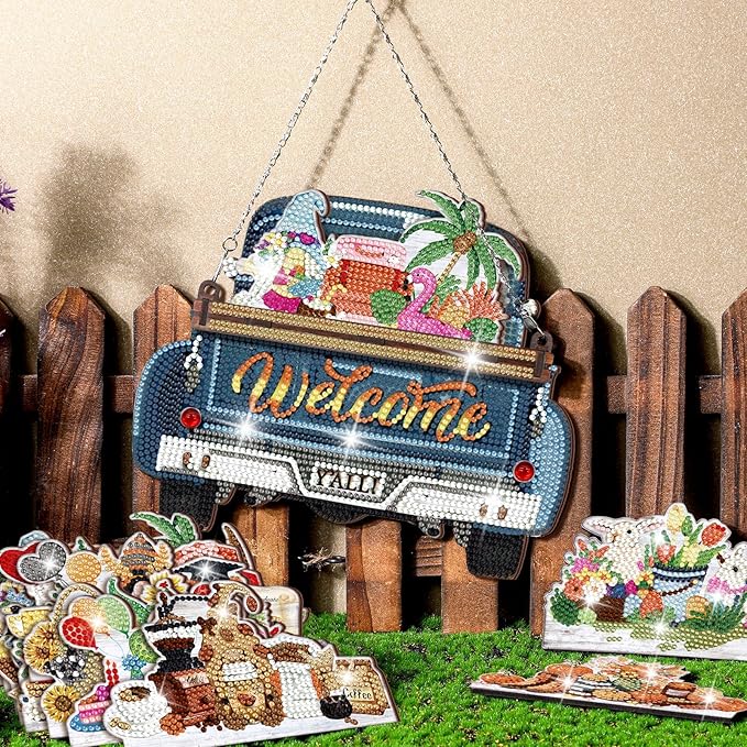 Burbell 21 Pcs Interchangeable Diamond Painting Welcome Sign for Easter Front Door Diamond Painting Truck Decor Interchangeable Seasonal Welcome Sign for DIY Wall Window Farmhouse