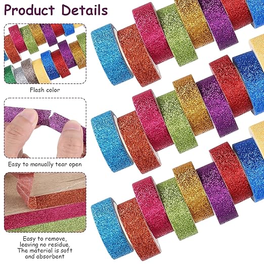 Vin Beauty Glitter Washi Tape Set 12 Rolls Colored Decorative Tape Set, Sparkle Metallic Washi Tapes Adhesive Washintape for Art, Scrapbook DIY Craft Projects Gift Wrapping Decor & Crafts
