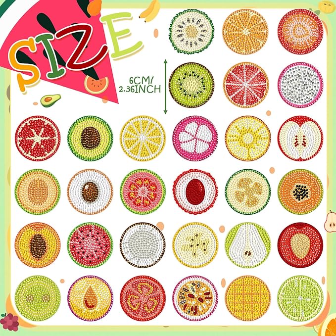 Motipuns 30 Pcs Fruit Magnetic Diamond Art Colorful Diamond Painting Magnets Kits Adult DIY Art Fridge Magnet Refrigerator Sticker for Beginners Gifts Home Car Garage Decors