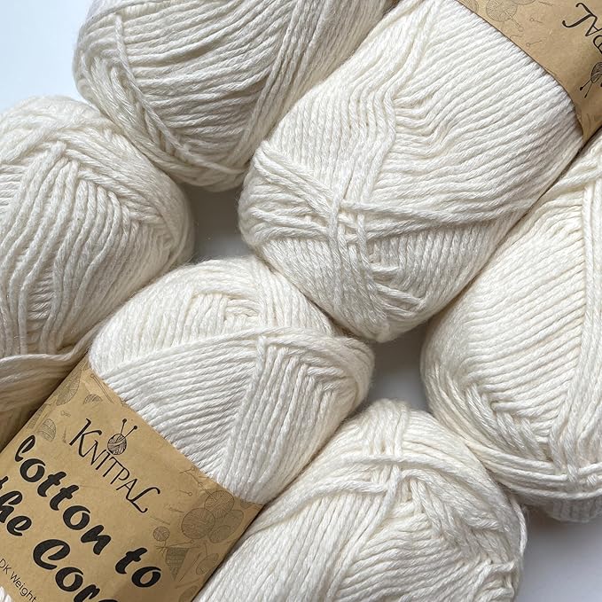 Cotton to The Core Cotton Yarn for Crocheting, 6-Pack (852 Yds / 300G), Free Patterns, Beginners Friendly - Soft Baby Yarn for Knitting - 3 DK Light Worsted Weight - Eggshell White