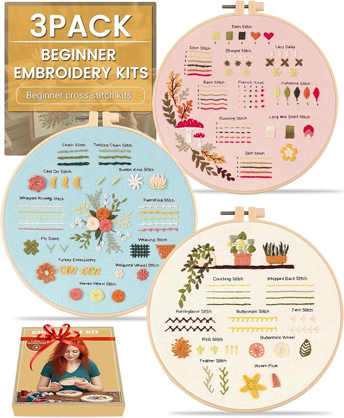 hi-yomilaugh 3 pack beginner embroidery kit & cross stitch kits for adults, needles & tools, easy needlepoint set with step-by-step instructions & video tutorial