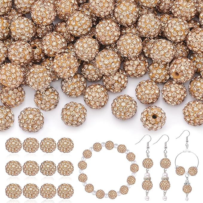 120pcs 10mm rhinestone beads for jewelry making, light brown shiny round shamballa disco ball beads, sparkle crystal clay christmas for bracelet baseball necklace earring crafting and diy