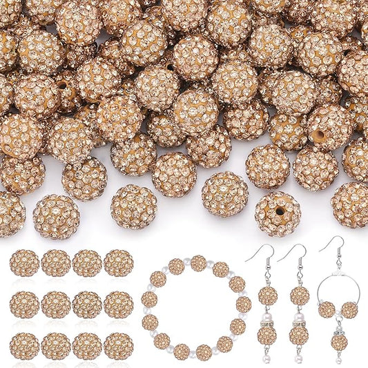 120pcs 10mm rhinestone beads for jewelry making, light brown shiny round shamballa disco ball beads, sparkle crystal clay christmas for bracelet baseball necklace earring crafting and diy