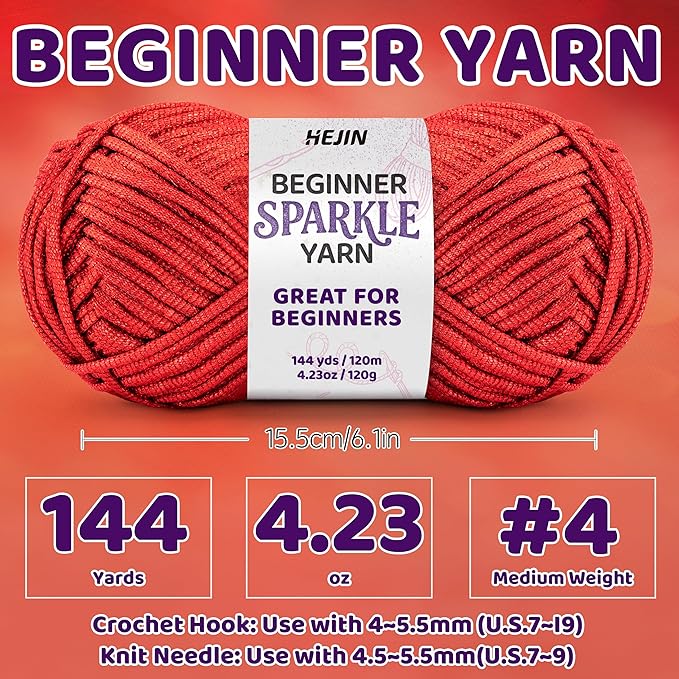 120g Red Sparkle Yarn for Crocheting and Knitting; 120m(144yds) for Beginners with Easy-to-See Stitches; Worsted-Weight Medium #4; Yarn for Beginners Crochet Kit Making
