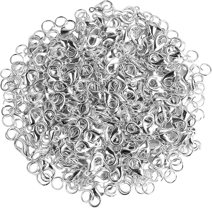 400PCS Lobster Claw Clasps with Open Jump Rings Kit, Bracelet Necklace Silver Fasteners Hooks for DIY Craft Jewelry Making, 12mmX7mm