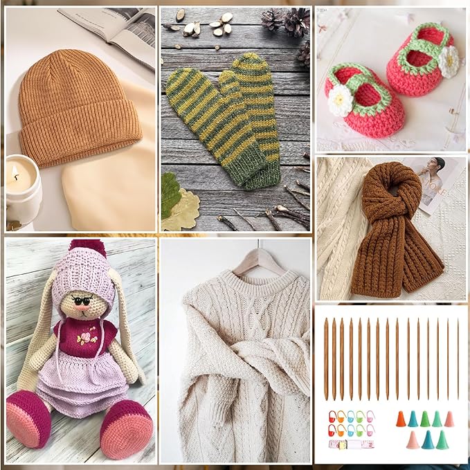 Double Knitting Needles Set - 75pcs Bamboo Pointed Knitting Needle Kit 15 Sizes 2.0-10.0mm Beginners Knitting for Making Sweater, Shawl, Scarf