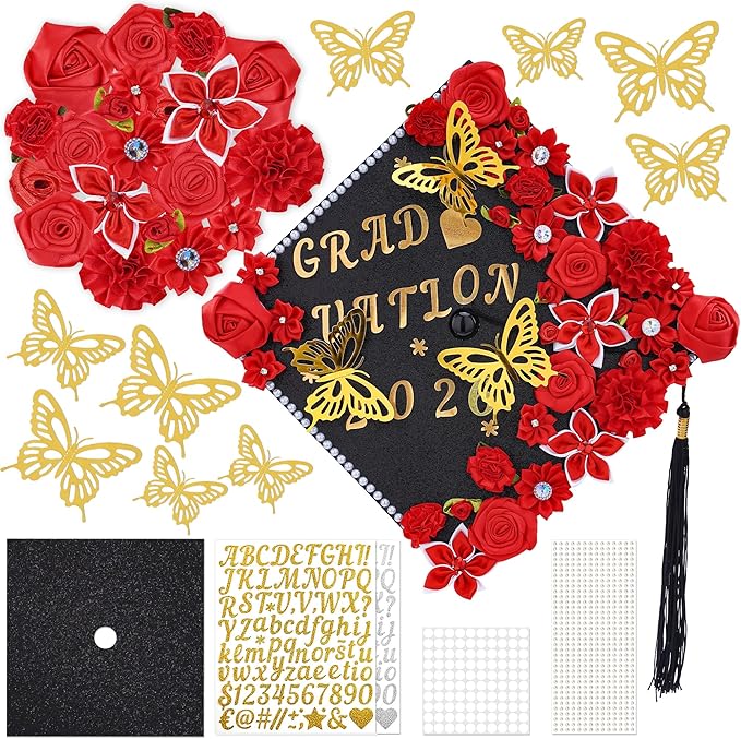 VISSTREE DIY Graduation Cap Decoration, 56 Pcs Cap Decorations for Graduation Kit 2026 DIY Grad Cap Graduation Gift with Red Paper Flowers 3D Glitter Butterfly Custom Number Letter Stickers Decor