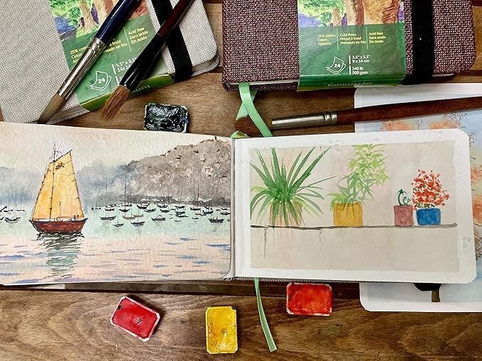 tumuarta Watercolor Journal, 3.5x5.5”, 140 LB, 300 GSM, Cotton Paper, Cold Press, 24 Sheets, 48 Pages, Watercolor Sketchbooks for Use As Travel Notebook Mixed Media Pad On The Go
