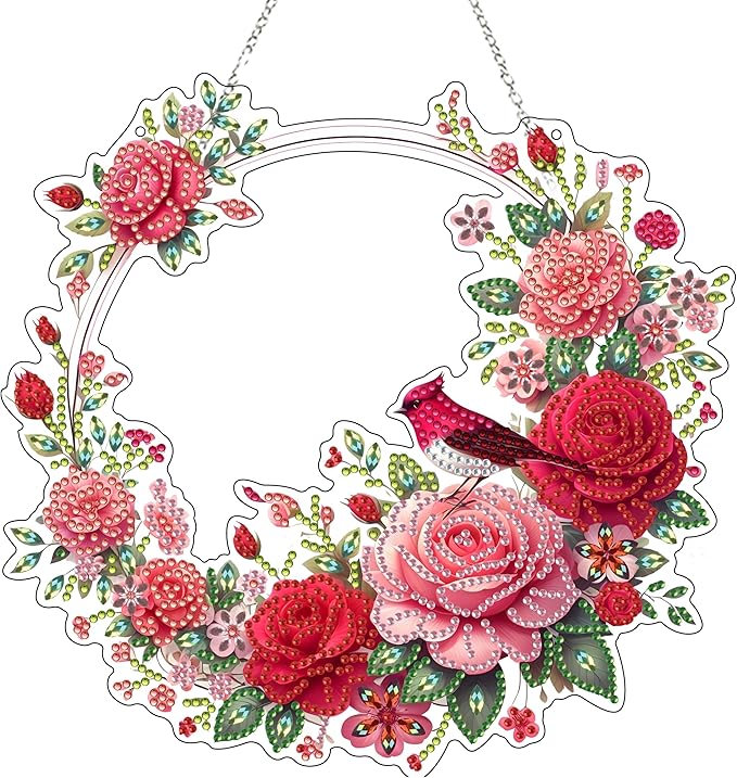 JJFox DIY Acrylic Diamond Art Painting Wreath Kits Special Shaped Rhinestone Diamond Art Window Pendants Home Garden Wall Hanging Kits Hanging Ornament (Wreath)