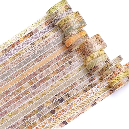 20 Rolls Skinny Vintage Washi Tape Set Retro Arts Adhesive Tapes Basic Patterns Decorative Masking Tape Sets for Craft, Kids, Scrapbook, DIY, Gift Wrapping (Forest Isles)