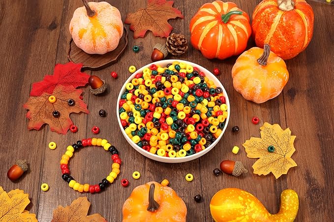 Fall Pony Beads 1000 Pcs, Autumn Thanksgiving Bracelets Beads for Jewelry Making, Plastic Hair Bead for Braid for Craft, Autumn Thanksgiving, Gifts for Friend(Yellow, Red, Brown, Green)