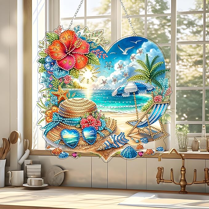 JJFox Diamond Art Hanging Kit for Adult,Special Shaped Rhinestone,Double Sided DIY Acrylic Diamond Art Painting Window Pendants Home Garden Wall Hanging Kits Hanging Ornament (Summer Beach)