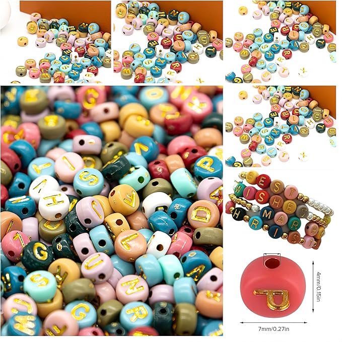 nikkiGuo 1250 PCS Letter Beads Kit with Elastic Cord – Alphabet A–Z, Numbers, Heart, Moon, Star, Smiley Beads for Friendship Bracelets & DIY Jewelry (Colorful Beats & Golden Letters)
