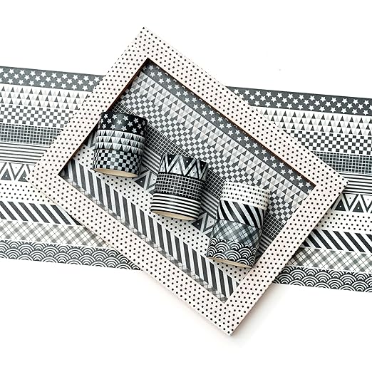 Basic Washi Tape Set 10 Rolls Black White Decorative Dot & Grid Masking Tapes for Journals, Planners, Scrapbooking, Gift Wrapping, DIY Crafts