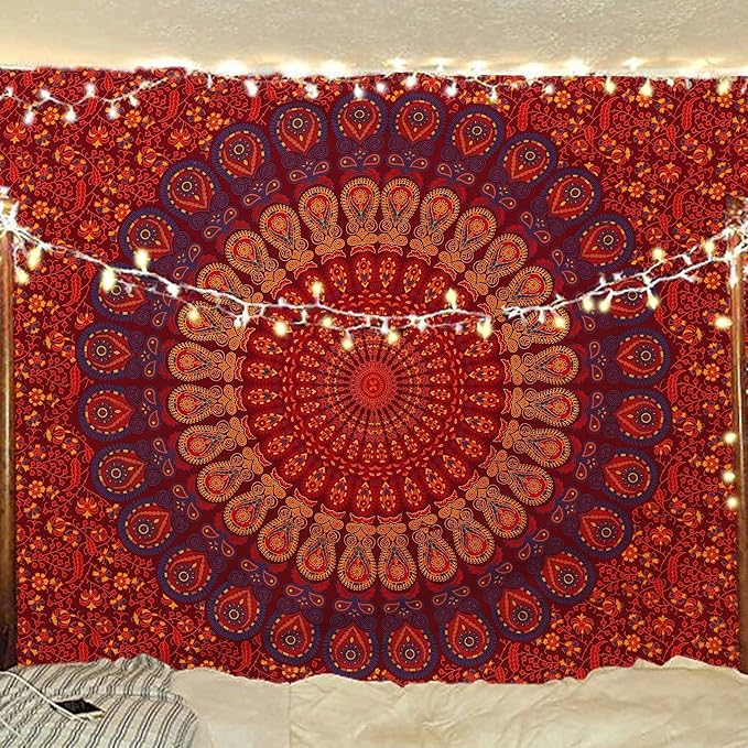 bless international indian hippie bohemian psychedelic golden blue peacock mandala wall hanging bedding tapestry (golden brown maroon, medium (54x60inches)(137x152cms))