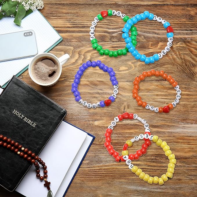Ferreve 35 Sets Easter Rainbow Religious Bead Wristband Craft Kit Jesus Love You Faith DIY Bead Craft Kit Love Letter Charms for Vbs Week Sunday School Christian Bible Verse Gifts Making