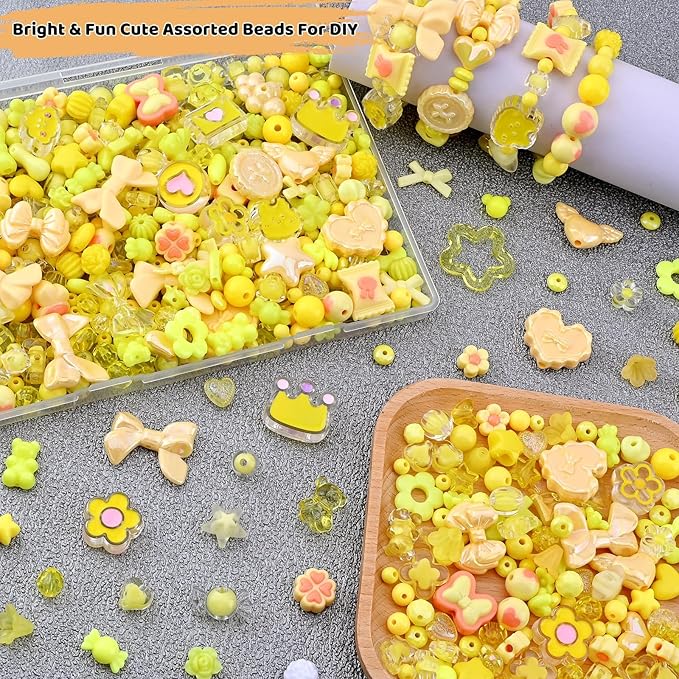 Omiposs 300Pcs Acrylic Beads for Bracelet Making with Cute Kawaii Charms, Beads & Assortments for Friendship Bracelets, Jewelry Making DIY Necklace Keychain Phone Charm Craft Gifts (Yellow)