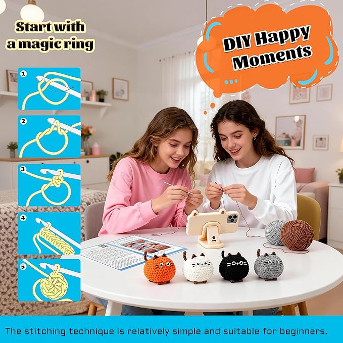 Joyclub 4 Pcs Crochet Kit for Beginners Crochet Starter Kits for Adults and Kids Great Birthday Gifts for Crocheting Lovers with Step by Step Video Amigurumi Cat Family Knitting Kit DIY Craft