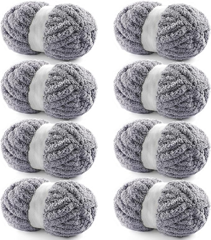 8 Pack Chunky Yarn for Hand Knitting - Chunky Chenille Blanket Yarn for Crocheting - Jumbo Fluffy Yarn for Crochet - Super Bulky Yarn 25 yds 7.7 oz Each Skein (Blue Gray)