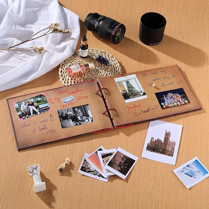 Scrapbook Photo Album,Our Adventure Scrap Book, Embossed Words Hard Cover Movie Up Travel Book for Anniversary, Wedding, Travelling, Baby Shower, etc (Leather Adventure Book)