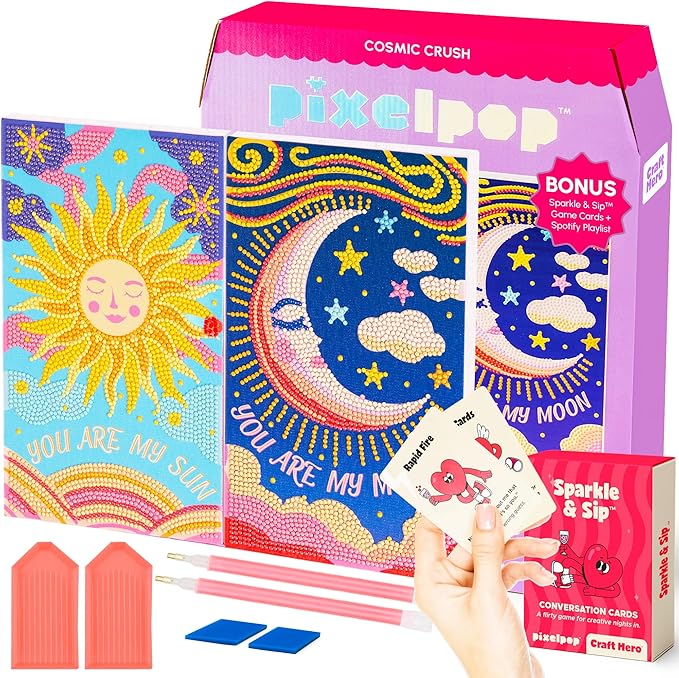 HOUSE OF PARTY Diamond Art Kits for Adults - Date Night Diamond Art Paintings, Relaxing Craft Kits with Conversation Cards, Playlist & Wood Frame for Beginners, Fun DIY Gifts for Couples