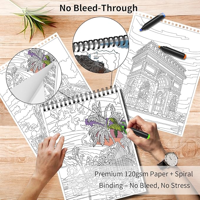 Kalysky Landscapes Adult Coloring Book Set of 3 - Complex Nature Landscapes & Iconic Architecture | Desert, Ocean Forests, Modern Wonders | Coloring Books for Adult Relaxation