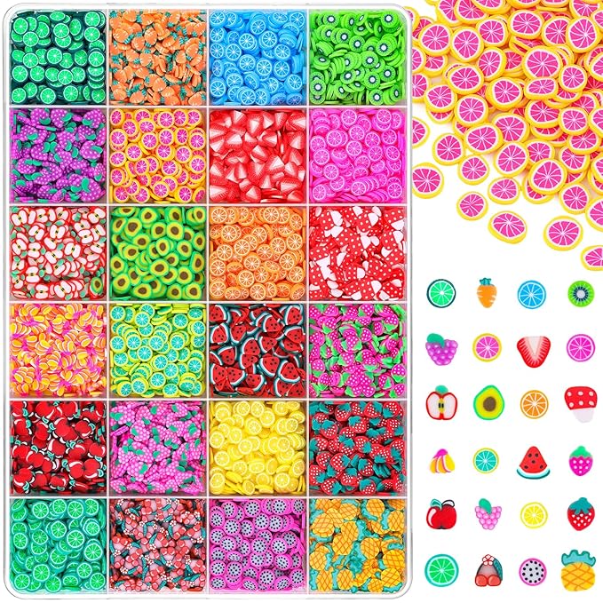 24-Grid TINKRSTUFF Fruit Slice Polymer Clay Slime Add Ins for Nail Art Fimo, Fake Sprinkles Scrapbooking Embellishments & Lip Gloss, Bulk Slime Mix Ins Assorted Fruits Accessories for DIY Crafting