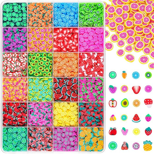 24-Grid TINKRSTUFF Fruit Slice Polymer Clay Slime Add Ins for Nail Art Fimo, Fake Sprinkles Scrapbooking Embellishments & Lip Gloss, Bulk Slime Mix Ins Assorted Fruits Accessories for DIY Crafting