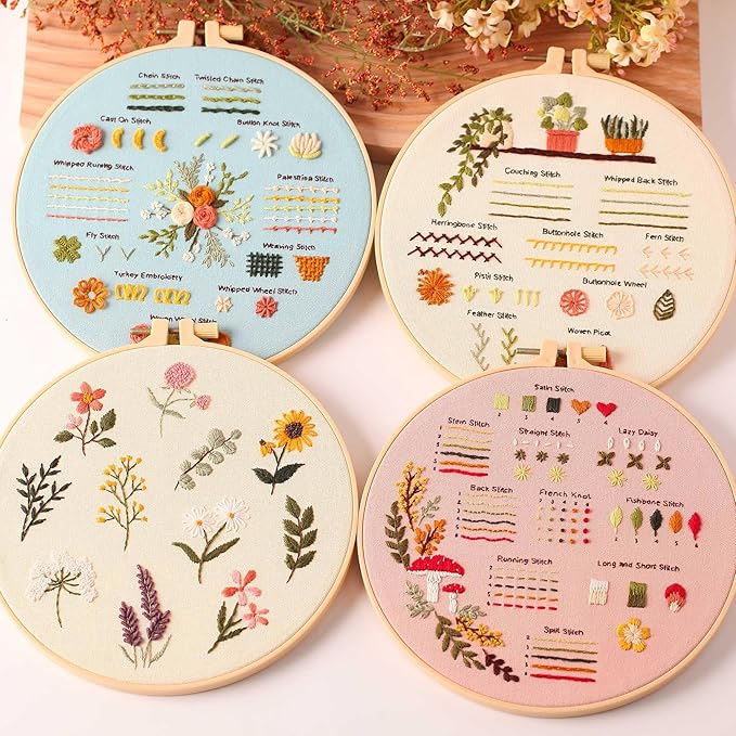 harimau 4p beginner embroidery kit,natural landscape pattern,cross stitch kits, including stamped embroidery cloth with 2 embroidery hoops, multicolor color threads for embroidery kits