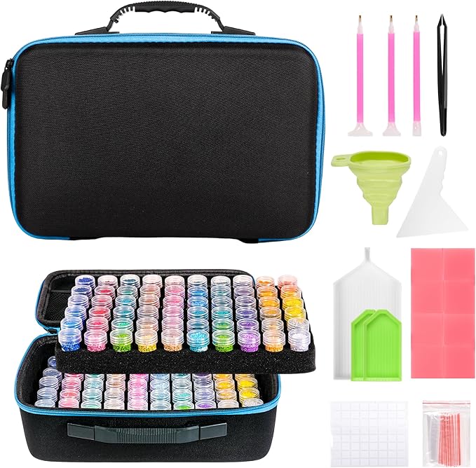 MERATIA 120 Slots Diamond Painting Storage Container, Diamond Art Kits for Adults Stackable Bead Organizer with Carrying Handle, Craft Storage Box with Accessories (Blue-120 Slots)