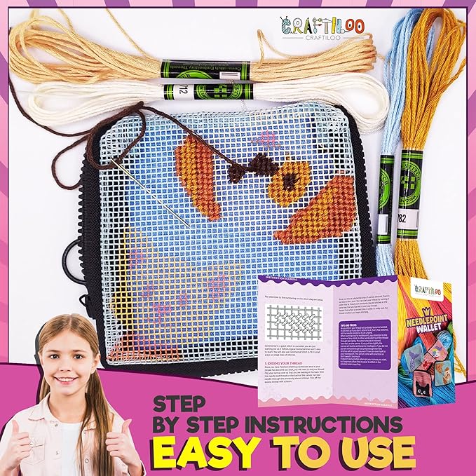 CRAFTILOO Needlepoint Kit for Kids — Beginner Cross Stitch Sewing Kit with Pre Printed Canvas, Easy Embroidery Arts and Crafts Starter Set for Girls and Boys Ages 6-12 (Cat & Dog)
