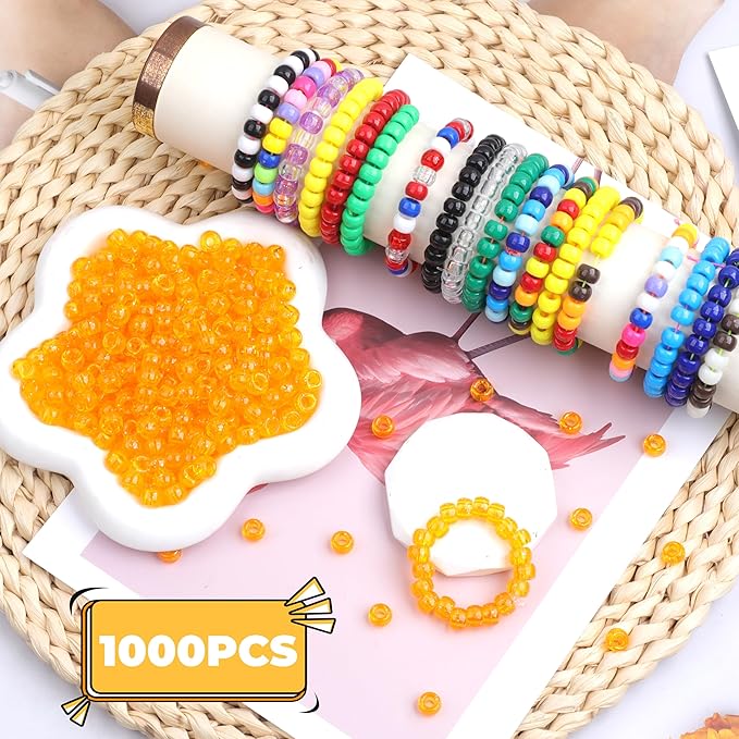 Plastic Pony Beads, 1000 Pcs, 6x9mm, for Bracelet, Hair Braiding, Friendship Bracelets, Jewelry Making (Orange Glitter)