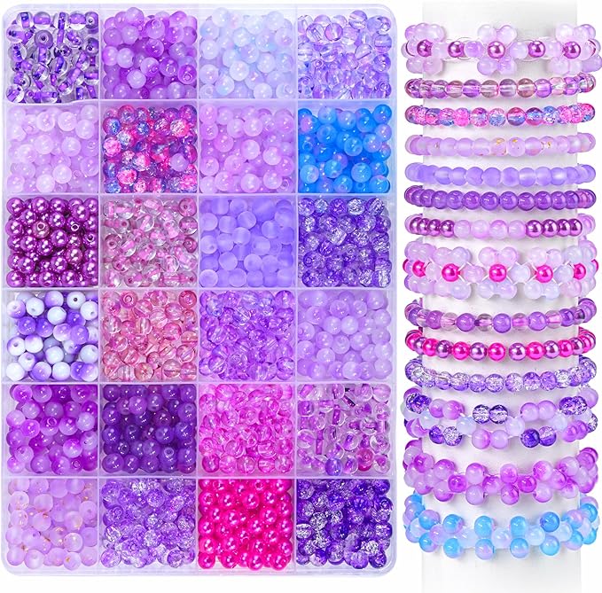 1200PCS 6mm Purple Glass Beads for Bracelets, 24 Colors Assorted Violet Series Crystal Beads Bracelets Making Kit and Jewelry Making, Round Purple Beads for Friendship Bracelet Earring Necklace Crafts