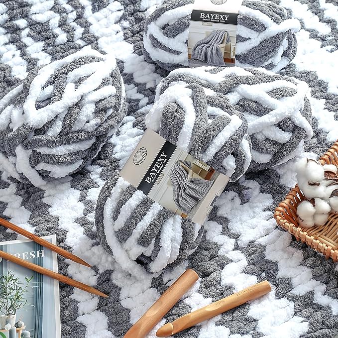 Chunky Chenille Yarn for Hand Knitting 8 Jumbo Pack Jumbo Chunky Yarn for Hand Soft Blanket Knitting, Bulky Thick Fluffy Yarn for Crocheting (White Gray)