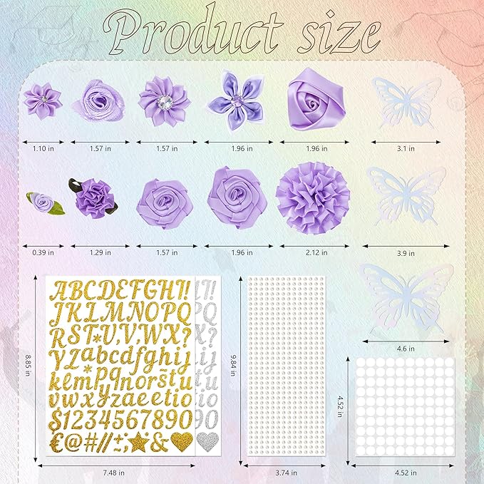 VISSTREE Graduation Cap Decorations Kit, 56 Pcs 2026 DIY Cap Decoration with Purple Artificial Flower Rhinestones Letter Stickers 3D Glitter Butterfly for Graduation Dress Grad Hats Topper