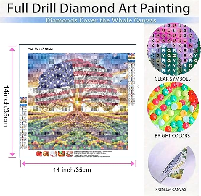 KUFWKEY Diamond Painting Kits for Adults,Tree of Life Diamond Painting kit,American Flag Round Diamond Dots for Beginner,Gem Painting,DIY Art and Crafts,Home Wall Decor 14x14 Inch
