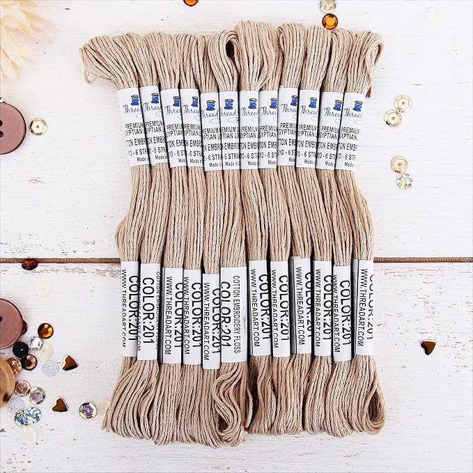 12 Skeins ThreadArt Premium Egyptian Long Fiber Cotton Embroidery Floss | Beige | 6 Strand Divisible Thread 8.75yds Each for Hand Embroidery, Friendship Bracelets, Cross Stitch and Crafts