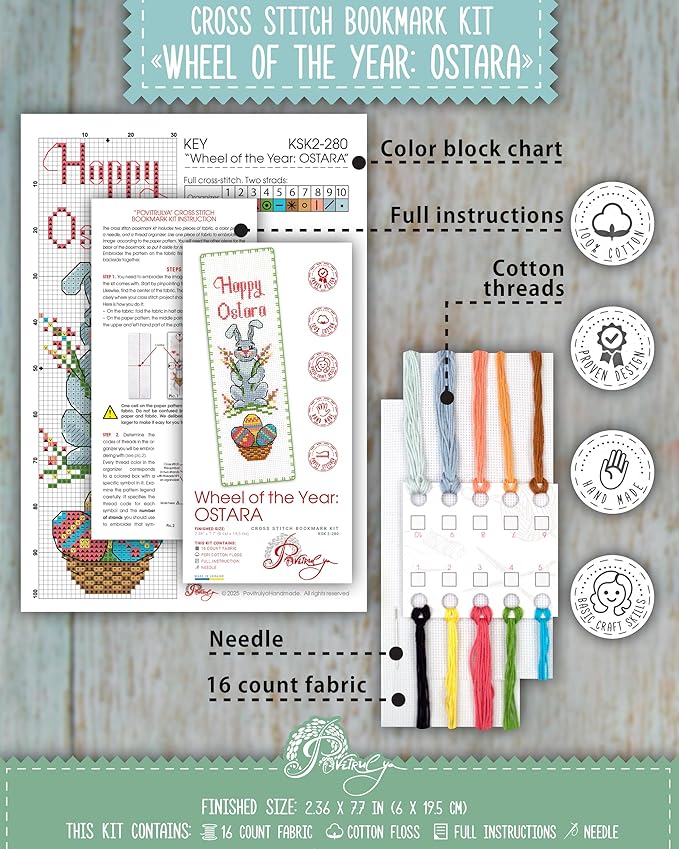 Povitrulya Cross Stitch Bookmark Kit Wheel of The Year: Ostara – Counted DIY Embroidery Set for Adults & Beginners, Bunny Easter Spring Equinox Pagan Wiccan Floral Gift