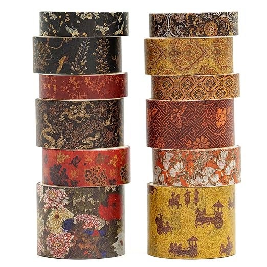 12 Rolls Chinoiserie Washi Tape Set Chinese Arts Adhesive Tapes Geometric Garden Decorative Masking Tape Sets for Craft, Kids, Scrapbook, DIY, Gift Wrapping (Echoes of Loulan)