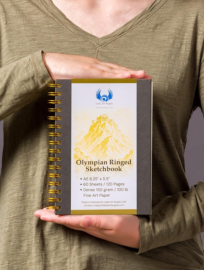 Olympian Ringed Sketchbook, A5 Size 5.5 x 8.25 inches, Gold Metal Ring Binding Lays Flat, 60 Sheets, 150 GSM Fine Art Paper for Artists, Ideal for Pencil, Ink, Watercolor, Leda Art Supply (Pack 1)