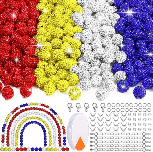 Dowarm 255PCS 10mm Rhinestone Beads for Baseball Necklace Bracelet Jewelry Making, Round Rhinestone Clay Beads for Craft Beaded Pen, Shamballa Pave Diamond, Yellow|Red|Blue|White